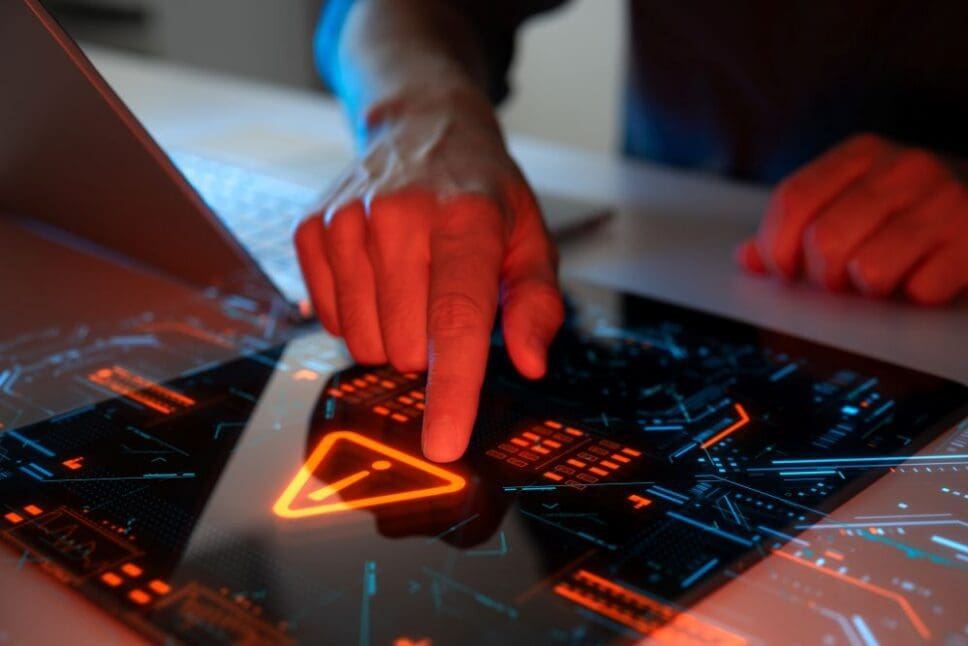 Man interacting with a holographic-touchscreen interface in red color.